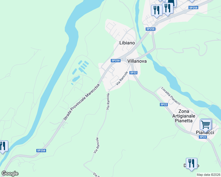 map of restaurants, bars, coffee shops, grocery stores, and more near 13 Via Rancole in Provincia di Rimini