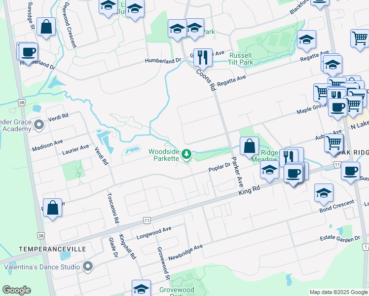 map of restaurants, bars, coffee shops, grocery stores, and more near 91 Maple Grove Avenue in Richmond Hill