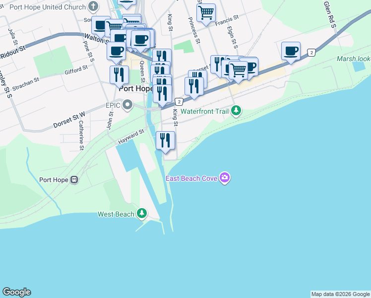 map of restaurants, bars, coffee shops, grocery stores, and more near in Port Hope