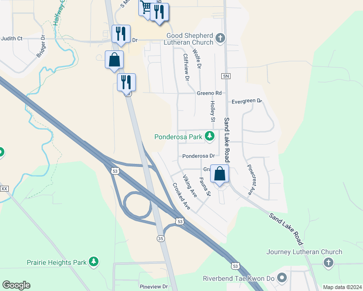 map of restaurants, bars, coffee shops, grocery stores, and more near 204 Flora Court in Holmen