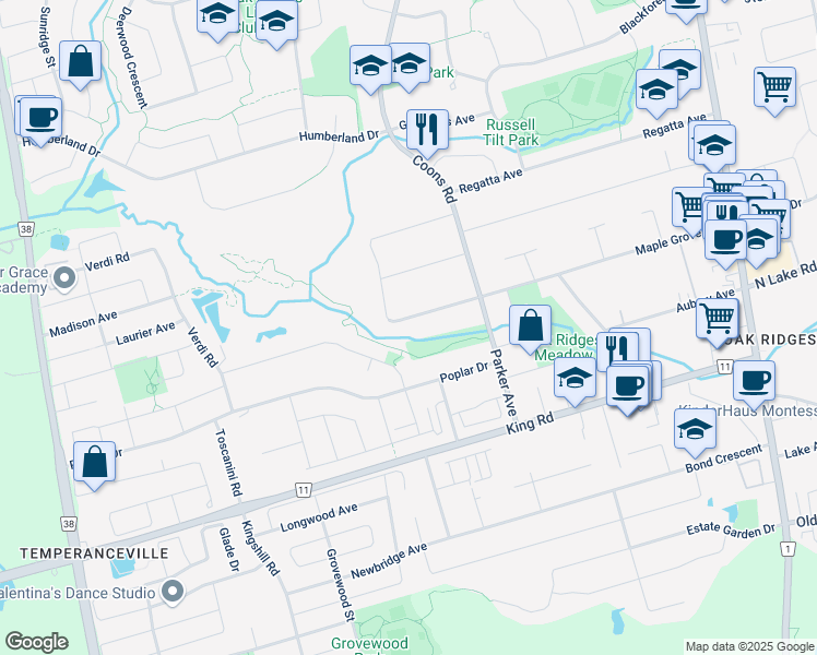 map of restaurants, bars, coffee shops, grocery stores, and more near 87 Maple Grove Avenue in Richmond Hill
