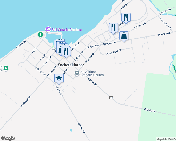 map of restaurants, bars, coffee shops, grocery stores, and more near 307 Shipyard Drive in Sackets Harbor