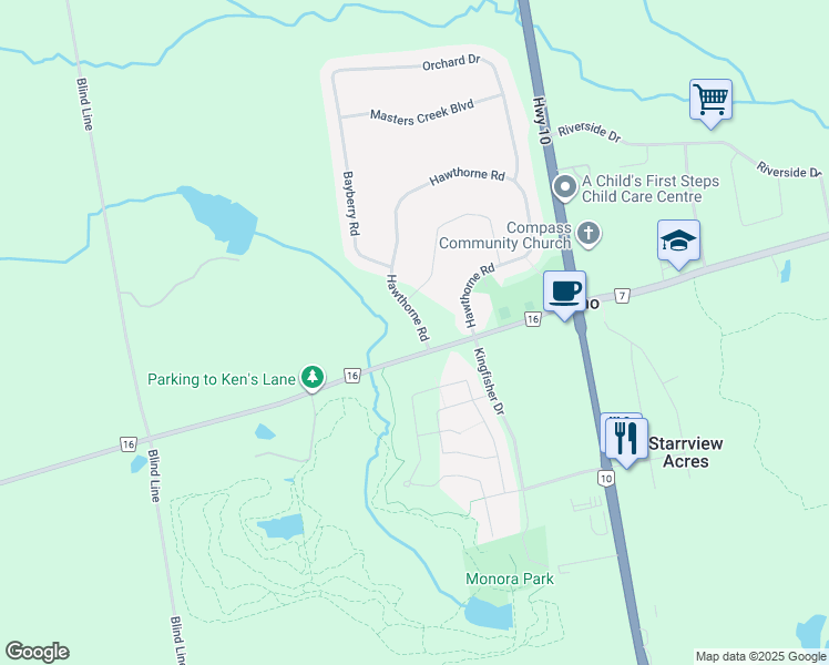map of restaurants, bars, coffee shops, grocery stores, and more near 74 Hawthorne Road in Orangeville