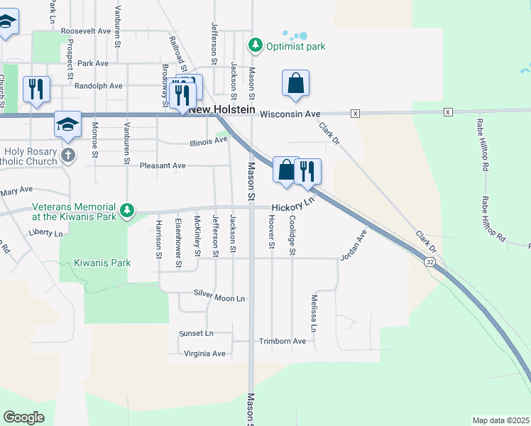 map of restaurants, bars, coffee shops, grocery stores, and more near 1325 Hickory Ln in New Holstein
