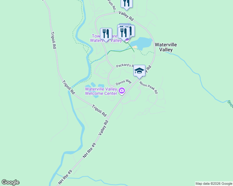 map of restaurants, bars, coffee shops, grocery stores, and more near Forest Knoll Way in Waterville Valley