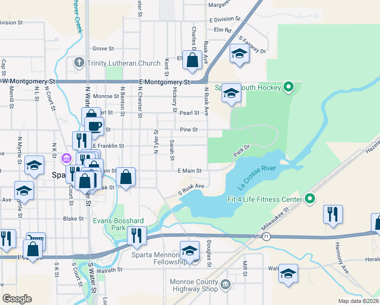 map of restaurants, bars, coffee shops, grocery stores, and more near 625 East Franklin Street in Sparta