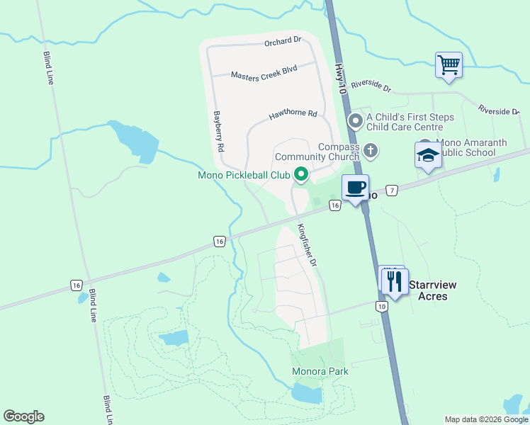 map of restaurants, bars, coffee shops, grocery stores, and more near 74 Hawthorne Road in Orangeville