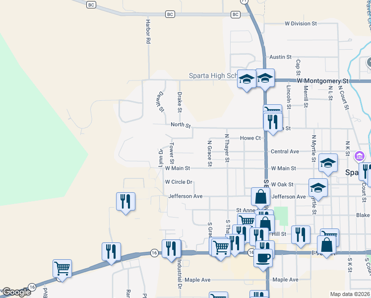 map of restaurants, bars, coffee shops, grocery stores, and more near 1208 Conrad Circle in Sparta