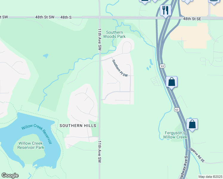 map of restaurants, bars, coffee shops, grocery stores, and more near 991 Southern Ridge Drive Southwest in Rochester