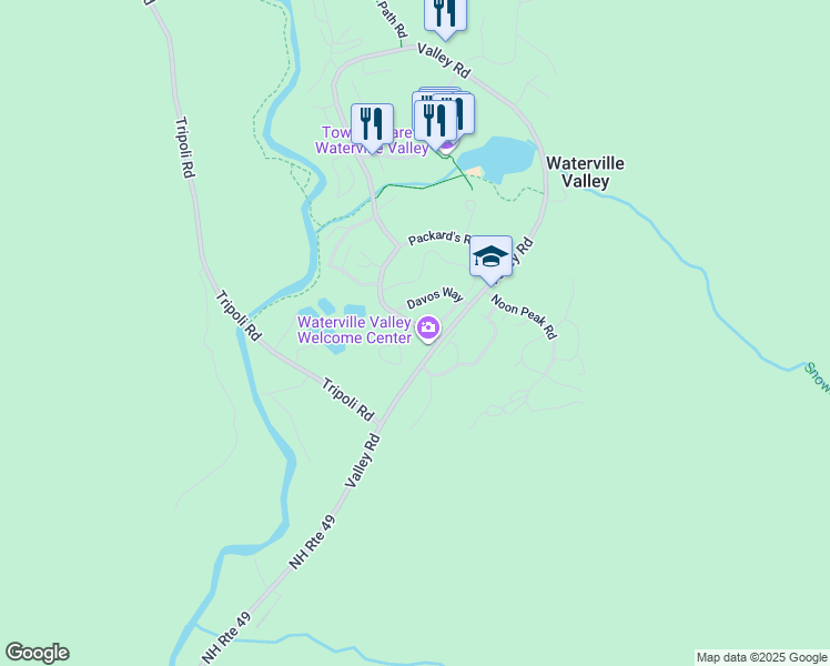 map of restaurants, bars, coffee shops, grocery stores, and more near Forest Knoll Way in Waterville Valley