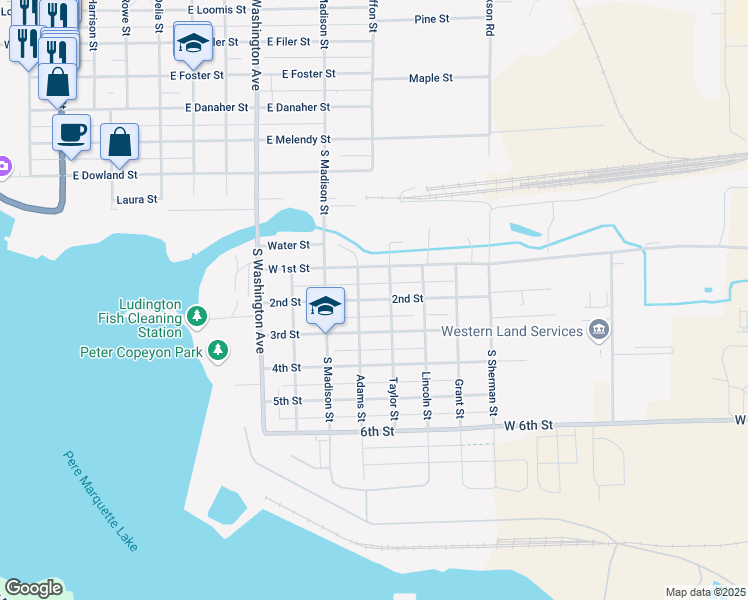 map of restaurants, bars, coffee shops, grocery stores, and more near 2nd Street in Ludington