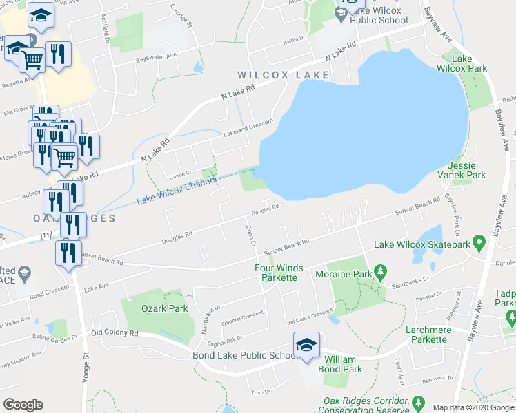 map of restaurants, bars, coffee shops, grocery stores, and more near 260 Douglas Road in Richmond Hill