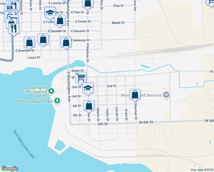 map of restaurants, bars, coffee shops, grocery stores, and more near 501 West 2nd Street in Ludington
