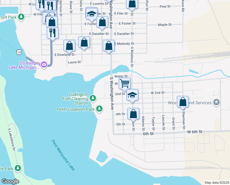 map of restaurants, bars, coffee shops, grocery stores, and more near 1001 South Washington Avenue in Ludington