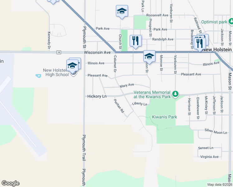 map of restaurants, bars, coffee shops, grocery stores, and more near 2304 Hickory Ln in New Holstein