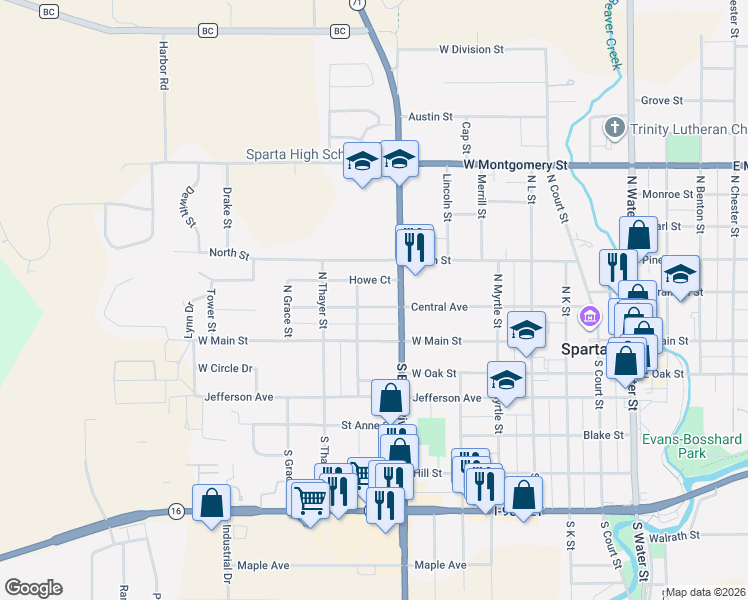 map of restaurants, bars, coffee shops, grocery stores, and more near 816 Central Avenue in Sparta
