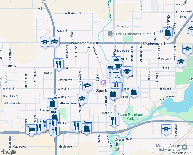 map of restaurants, bars, coffee shops, grocery stores, and more near 308 Central Avenue in Sparta