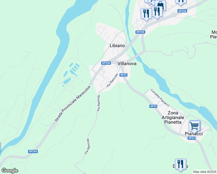 map of restaurants, bars, coffee shops, grocery stores, and more near 13 Via Rancole in Provincia di Rimini