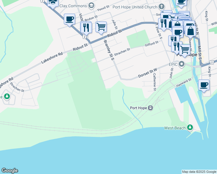 map of restaurants, bars, coffee shops, grocery stores, and more near 85 Victoria Street South in Port Hope