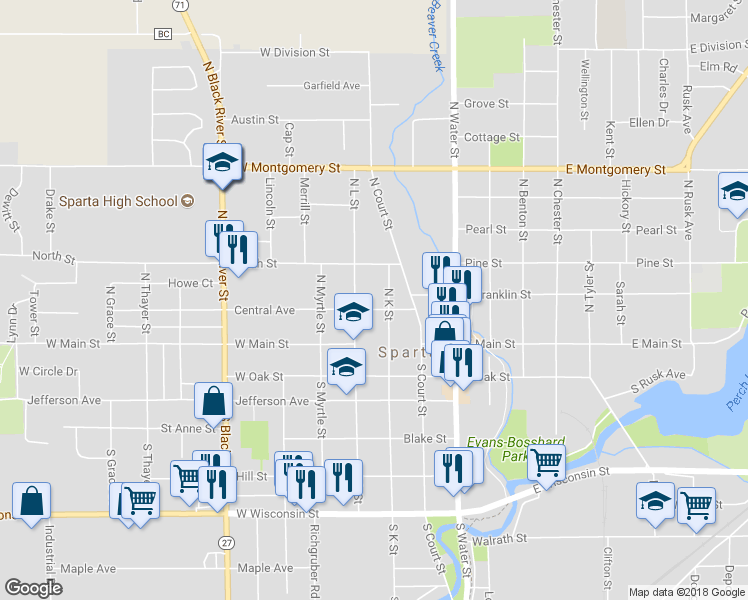 map of restaurants, bars, coffee shops, grocery stores, and more near 308 Central Avenue in Sparta