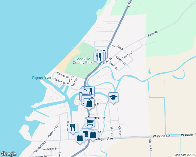 map of restaurants, bars, coffee shops, grocery stores, and more near 6439 Terrie Drive in Caseville