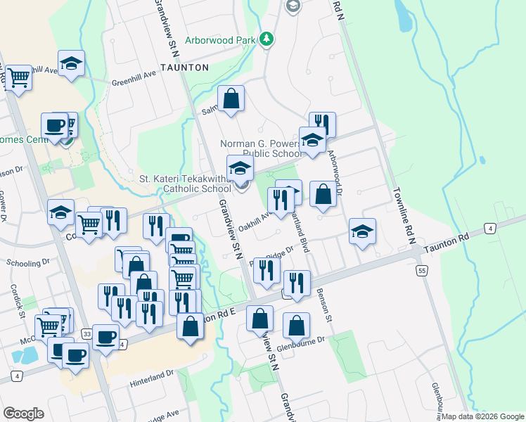 map of restaurants, bars, coffee shops, grocery stores, and more near 1150 Oakhill Avenue in Oshawa