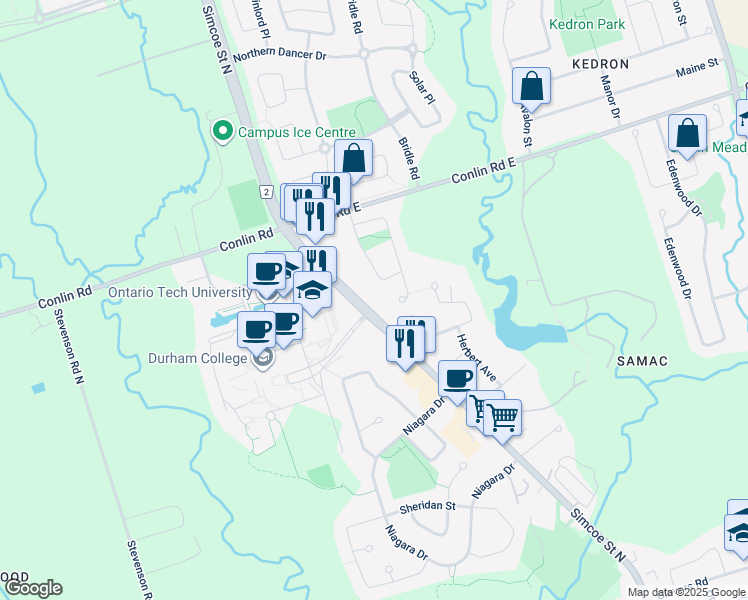map of restaurants, bars, coffee shops, grocery stores, and more near 2023 Durham Regional Road 2 in Oshawa