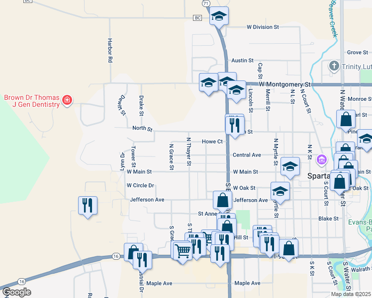 map of restaurants, bars, coffee shops, grocery stores, and more near 1008 Central Avenue in Sparta