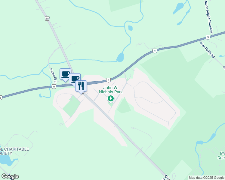 map of restaurants, bars, coffee shops, grocery stores, and more near 7 Church Street in Caledon