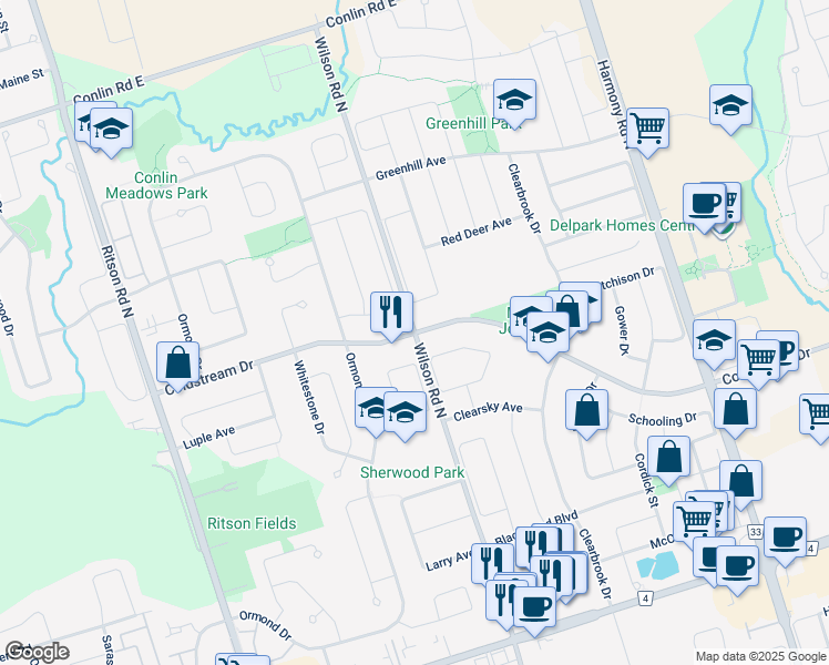map of restaurants, bars, coffee shops, grocery stores, and more near Wilson Rd N & Coldstream Dr in Oshawa