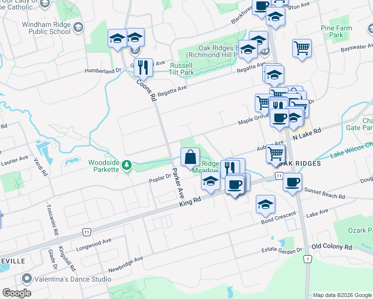 map of restaurants, bars, coffee shops, grocery stores, and more near 3 Wendy Way in Richmond Hill