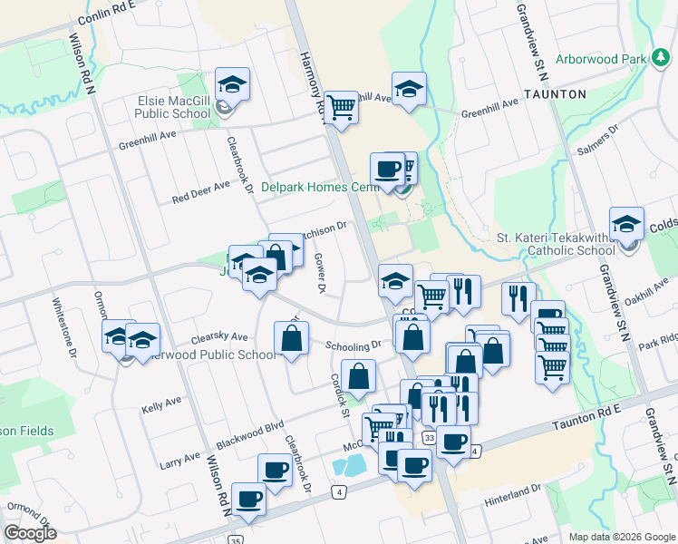 map of restaurants, bars, coffee shops, grocery stores, and more near 1616 Frolis Street in Oshawa