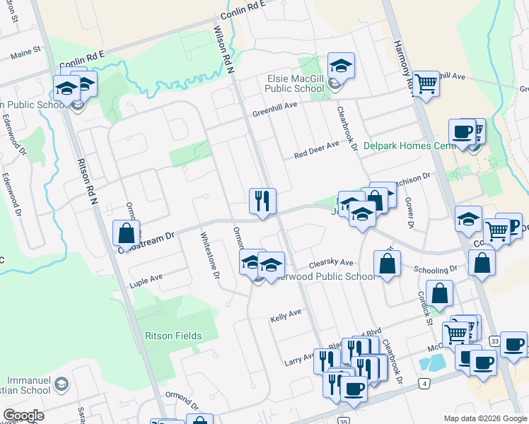 map of restaurants, bars, coffee shops, grocery stores, and more near 802 Coldstream Drive in Oshawa