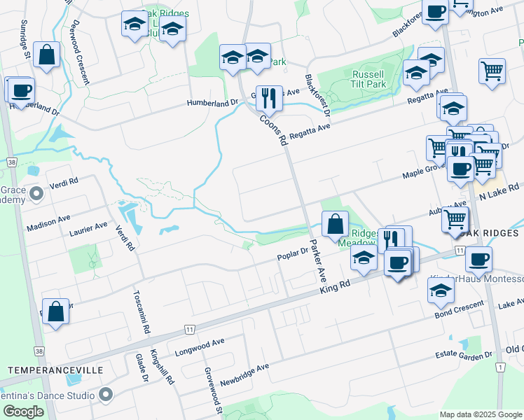 map of restaurants, bars, coffee shops, grocery stores, and more near 87 Maple Grove Avenue in Richmond Hill