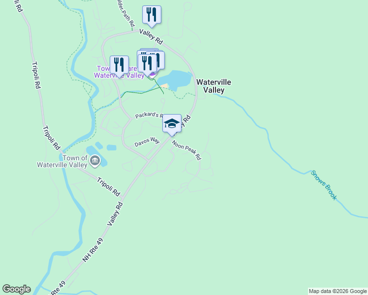 map of restaurants, bars, coffee shops, grocery stores, and more near 7 Mountain Village Road in Waterville Valley
