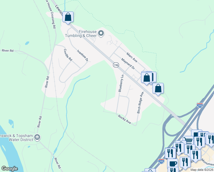 map of restaurants, bars, coffee shops, grocery stores, and more near 304 Lewiston Road in Topsham