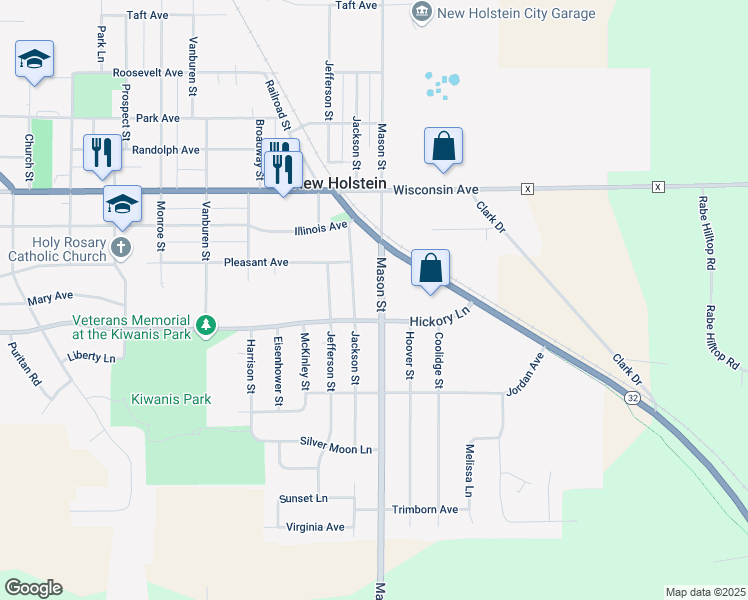 map of restaurants, bars, coffee shops, grocery stores, and more near 1813 Mason Street in New Holstein