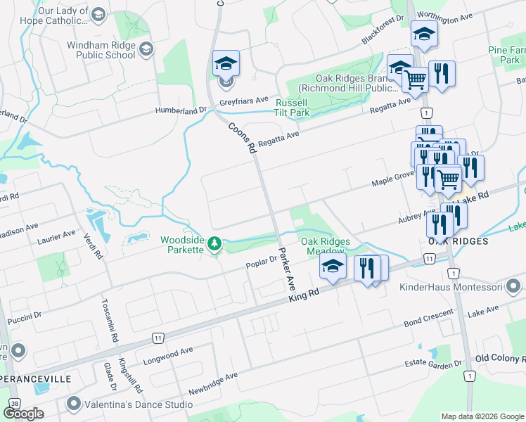 map of restaurants, bars, coffee shops, grocery stores, and more near 68 Maple Grove Avenue in Richmond Hill