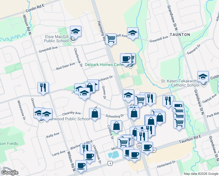map of restaurants, bars, coffee shops, grocery stores, and more near 1632 Frolis Street in Oshawa
