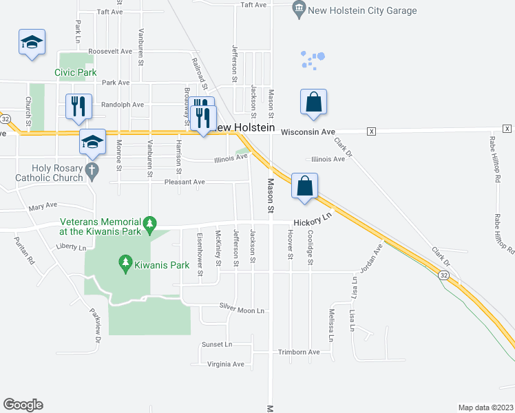 map of restaurants, bars, coffee shops, grocery stores, and more near 1806 Jackson Street in New Holstein