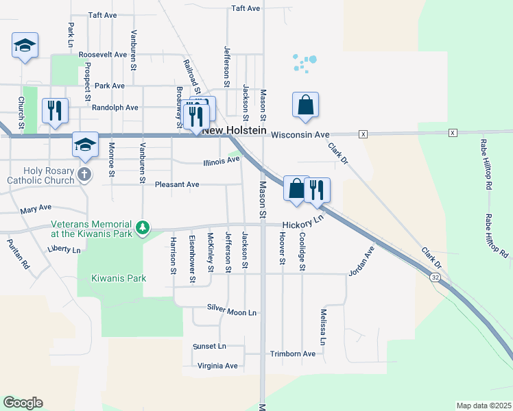 map of restaurants, bars, coffee shops, grocery stores, and more near 1813 Mason Street in New Holstein