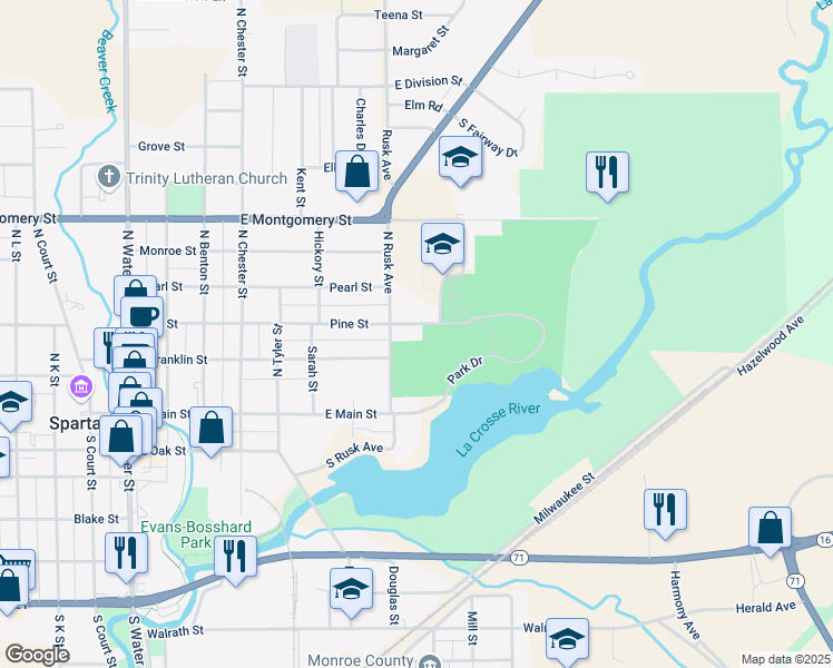 map of restaurants, bars, coffee shops, grocery stores, and more near 711 Pine Street in Sparta