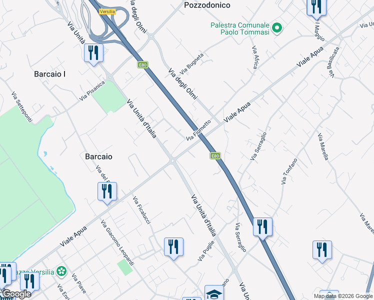 map of restaurants, bars, coffee shops, grocery stores, and more near 157 Viale Apua in Pietrasanta