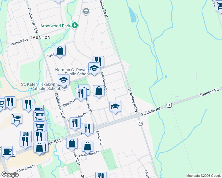 map of restaurants, bars, coffee shops, grocery stores, and more near 1292 Ravencliffe Court in Oshawa