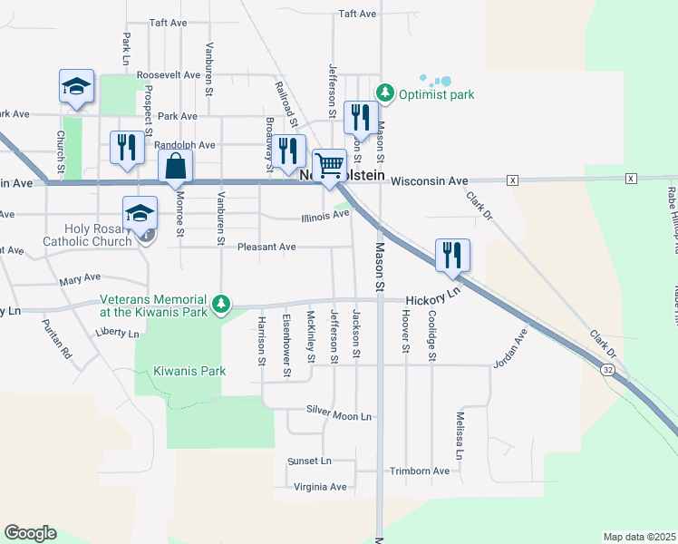 map of restaurants, bars, coffee shops, grocery stores, and more near 1808 Jefferson Street in New Holstein