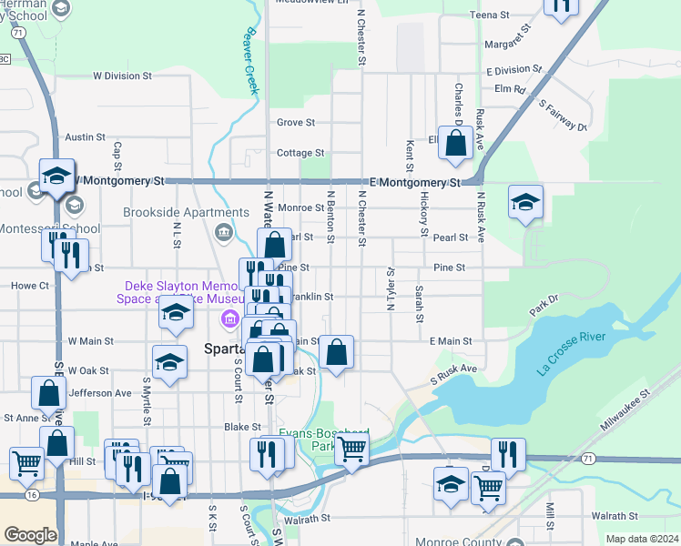 map of restaurants, bars, coffee shops, grocery stores, and more near 312 Pine Street in Sparta