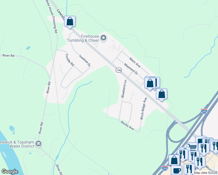map of restaurants, bars, coffee shops, grocery stores, and more near 304 Lewiston Road in Topsham