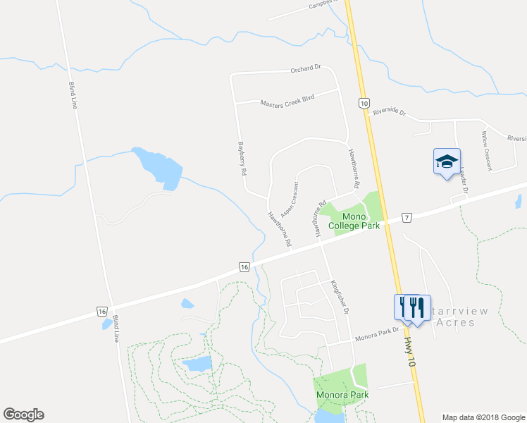 map of restaurants, bars, coffee shops, grocery stores, and more near 66 Hawthorne Road in Orangeville