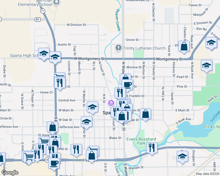 map of restaurants, bars, coffee shops, grocery stores, and more near 301 North Court Street in Sparta