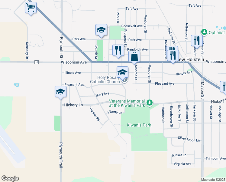 map of restaurants, bars, coffee shops, grocery stores, and more near 2108 Mary Avenue in New Holstein